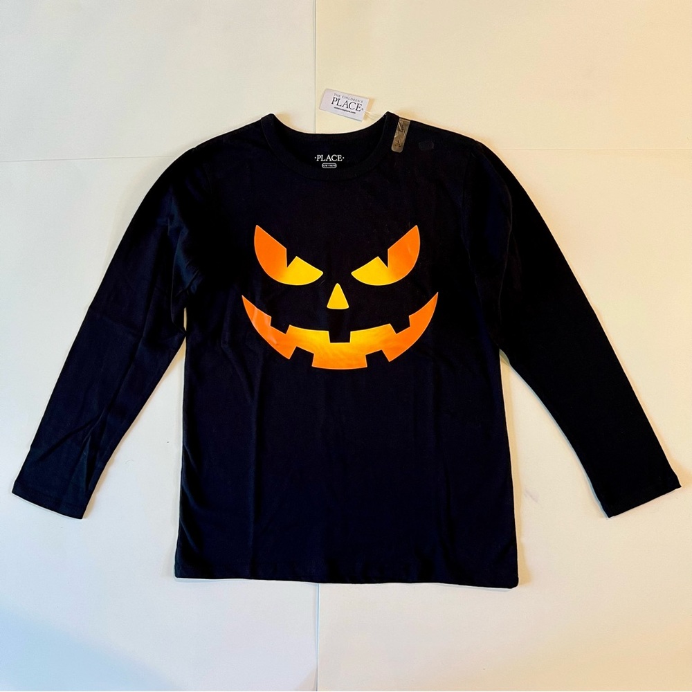 NWT New The Children's Place Large 10/12 Halloween Black Orange Scary Face Shirt